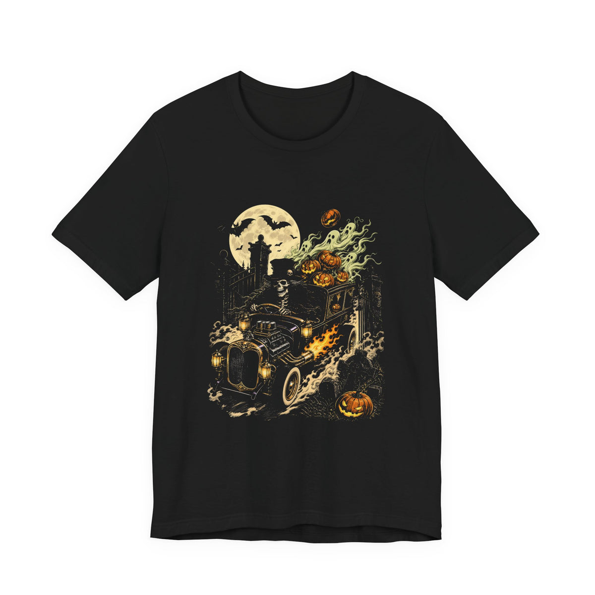 Black tee printed with a skeleton in a top hat driving a flaming hot rod hearse out of a graveyard, jack-o-lanterns and ghosts, full moon