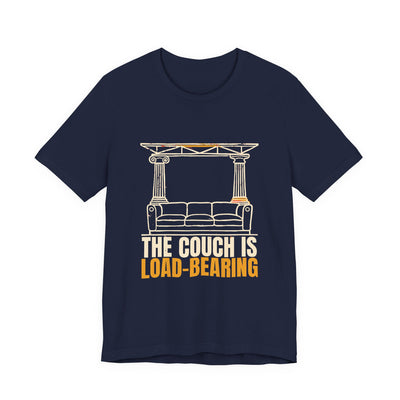 The Couch Is Load-Bearing tee flat front, navy unisex tee, sofa holding stone columns