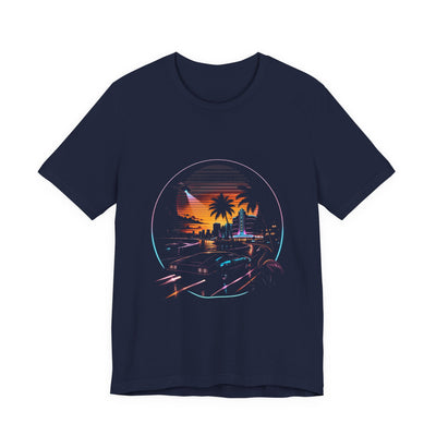 Navy tee printed with a neon synthwave night scene: sunset, palm trees, art-deco skyline and a sports car with light trails