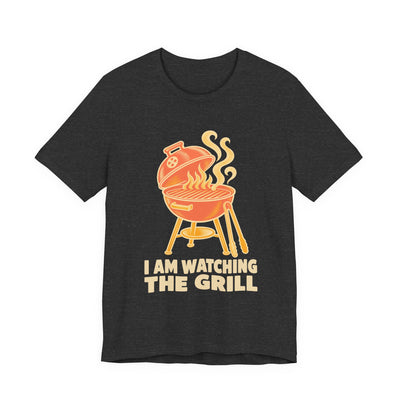 I Am Watching The Grill tee flat front, dark grey heather unisex tee, kettle grill with smoke