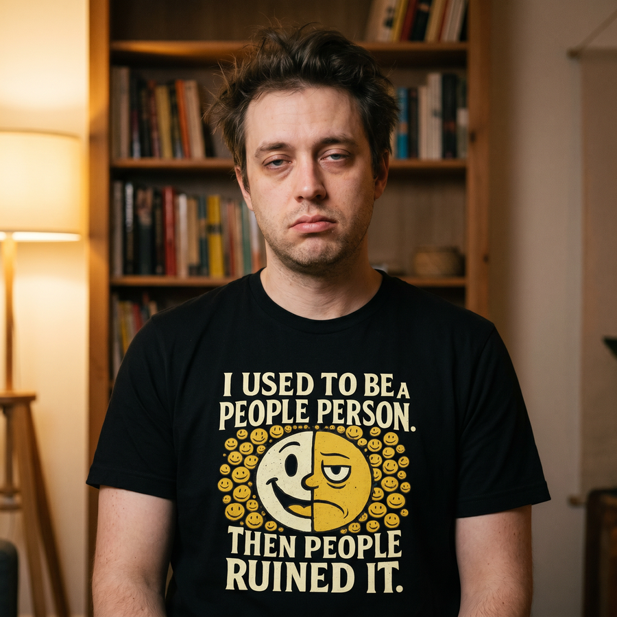 Introvert at home wearing I Used to Be a People Person tee, 1:1 lifestyle