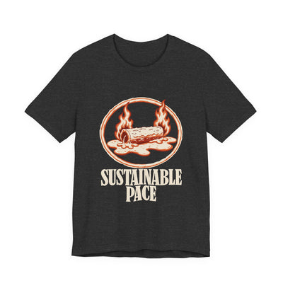 Sustainable Pace tee flat front, dark grey heather unisex tee, burning log melting into a puddle in an oval frame