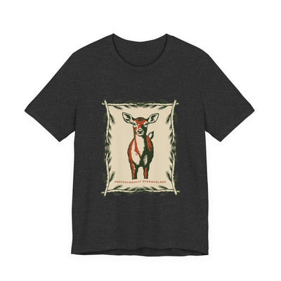 Professionally Overwhelmed tee flat front, dark grey heather unisex tee, wide-eyed deer in a botanical frame