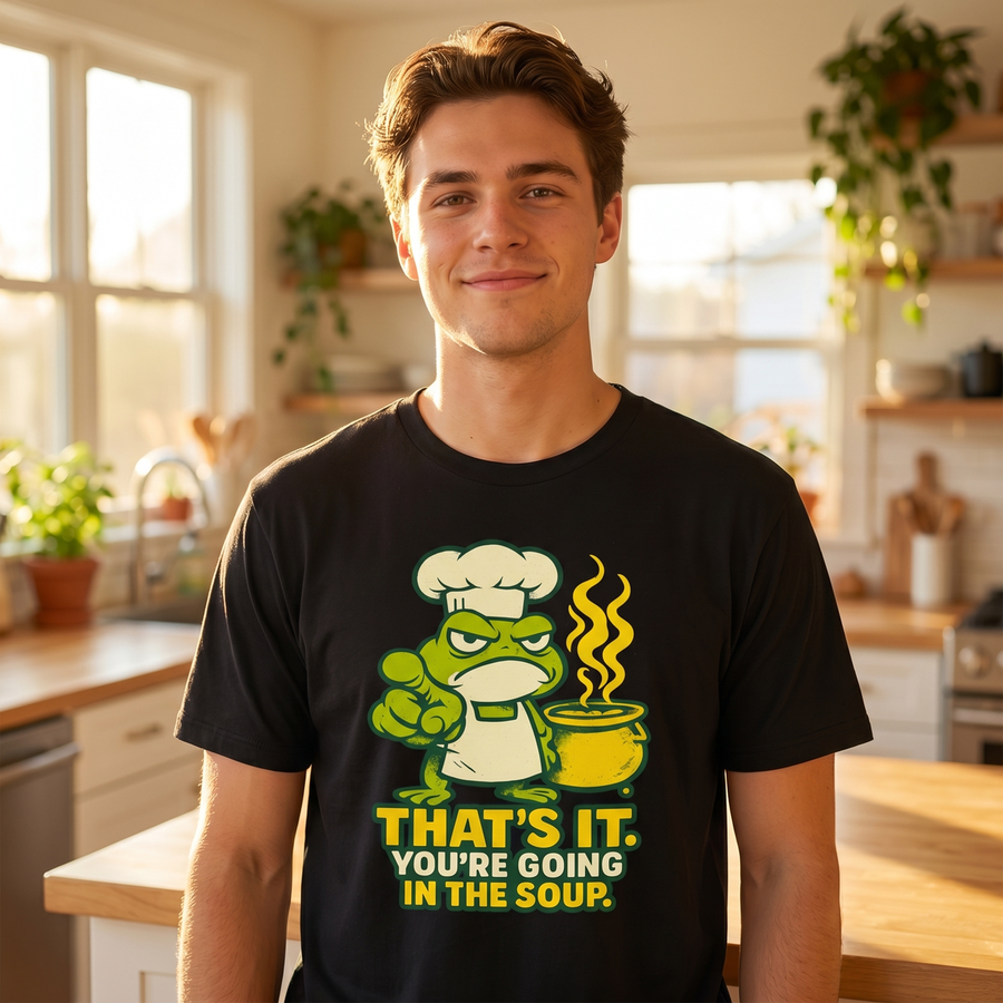 Guy in kitchen wearing That's It You're Going in the Soup frog chef tee, 1:1 lifestyle
