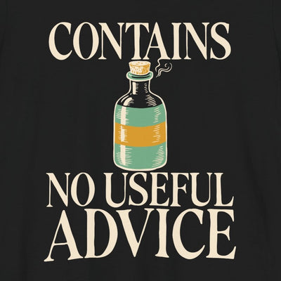 Contains No Useful Advice tee print close-up, black unisex tee, apothecary tonic bottle