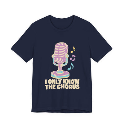 I Only Know The Chorus tee flat front, navy unisex tee, vintage stage microphone