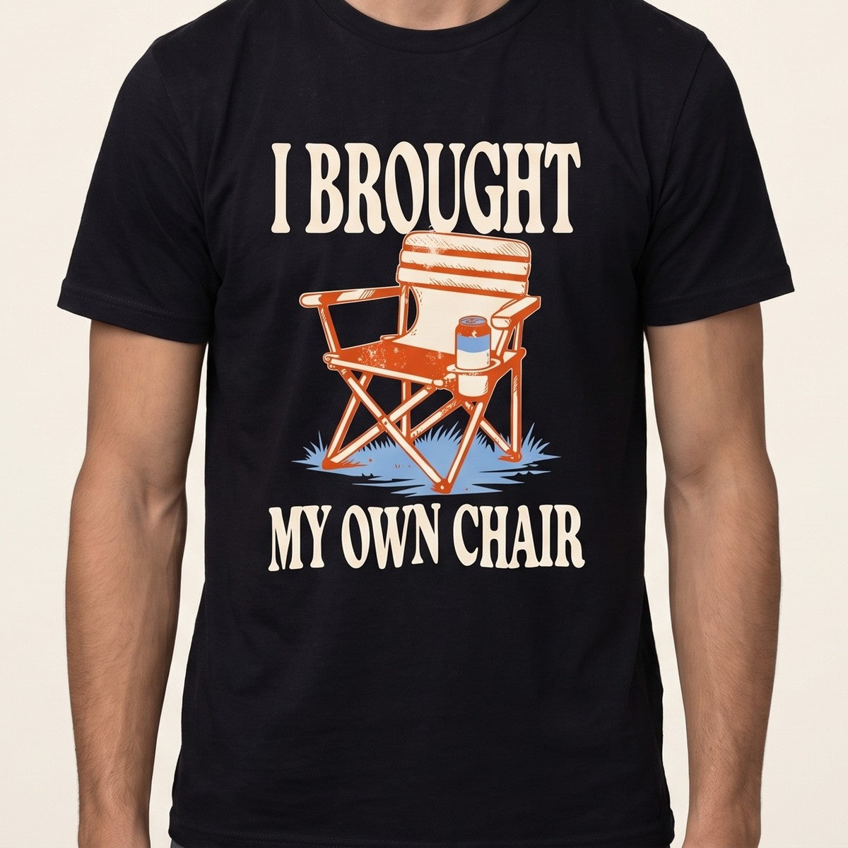 I Brought My Own Chair tee worn front view, black unisex tee, folding camp chair print