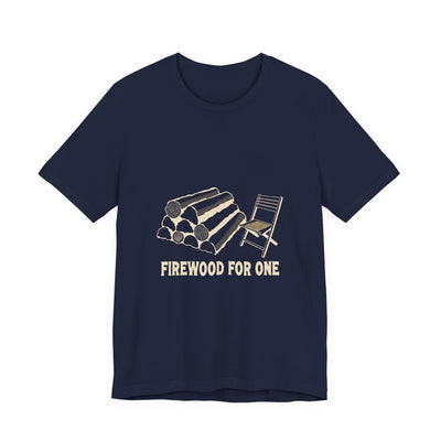 Firewood For One, navy unisex tee, stack of split logs beside one empty folding camp chair