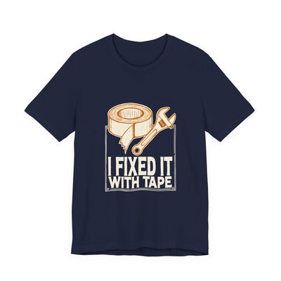 I Fixed It With Tape tee flat front, navy unisex tee, cream and pistachio a roll of duct tape