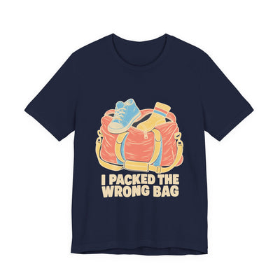 I Packed The Wrong Bag tee flat front, navy unisex tee, overstuffed duffel bag