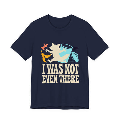 I Was Not Even There tee flat front, navy unisex tee, raccoon running from a tipped trash can