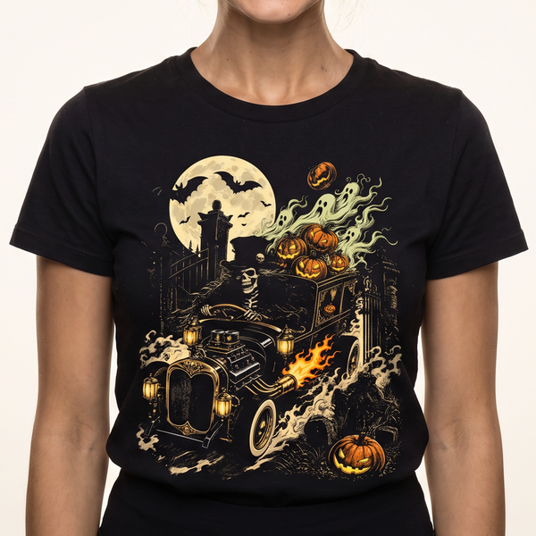 Graveyard Hot Rod tee worn front view, black unisex tee, skeleton driving a flaming hot rod hearse, ghosts, full moon