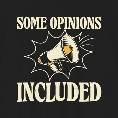Some Opinions Included tee print close-up, black unisex tee, megaphone in a starburst