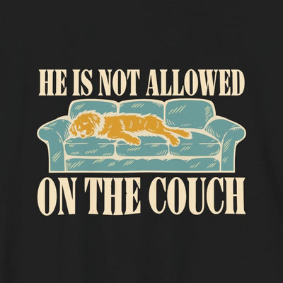 He Is Not Allowed On The Couch tee print close-up, black unisex tee, woodcut dog asleep on a sofa