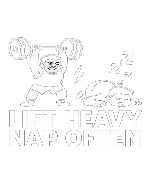 Muscular cartoon character weightlifting lift heavy nap often on black t-shirt