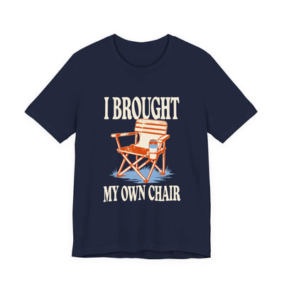 I Brought My Own Chair tee flat front, navy unisex tee, folding camp chair print