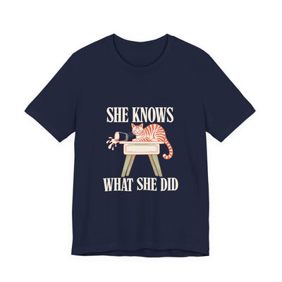 She Knows What She Did tee flat front, navy unisex tee, tabby cat by a falling glass