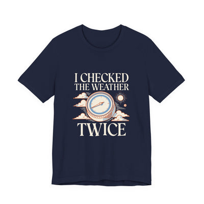 I Checked The Weather Twice tee flat front, navy unisex tee, vintage barometer and clouds
