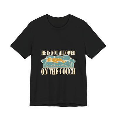 He Is Not Allowed On The Couch tee flat front, black unisex tee, woodcut dog asleep on a sofa