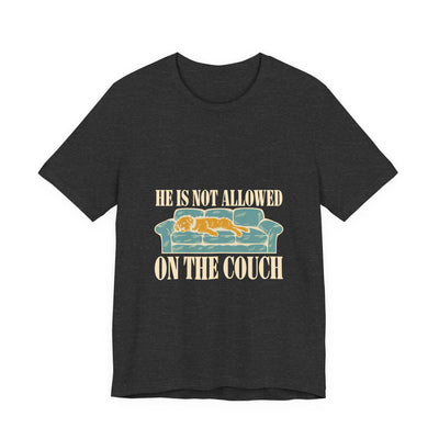 He Is Not Allowed On The Couch tee flat front, dark grey heather unisex tee, woodcut dog asleep on a sofa