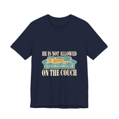 He Is Not Allowed On The Couch tee flat front, navy unisex tee, woodcut dog asleep on a sofa