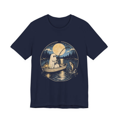 Ghost Angler tee flat front, navy unisex tee, sheet ghost fishing from a rowboat under the moon