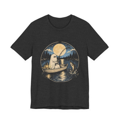 Ghost Angler tee flat front, dark grey heather unisex tee, sheet ghost fishing from a rowboat under the moon