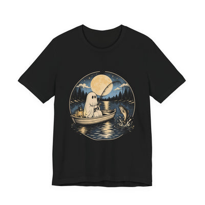 Ghost Angler tee flat front, black unisex tee, sheet ghost fishing from a rowboat under the moon