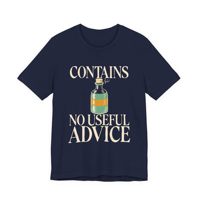 Contains No Useful Advice tee flat front, navy unisex tee, apothecary tonic bottle