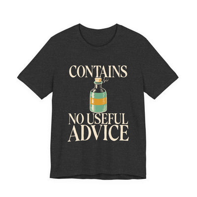 Contains No Useful Advice tee flat front, dark grey heather unisex tee, apothecary tonic bottle