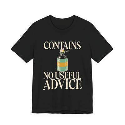 Contains No Useful Advice tee flat front, black unisex tee, apothecary tonic bottle