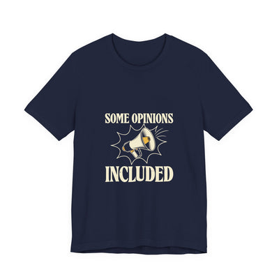 Some Opinions Included tee flat front, navy unisex tee, megaphone in a starburst