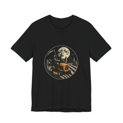 Grim Reaper Mower tee flat front, black unisex tee, grim reaper riding an orange lawn mower in a moonlit cemetery