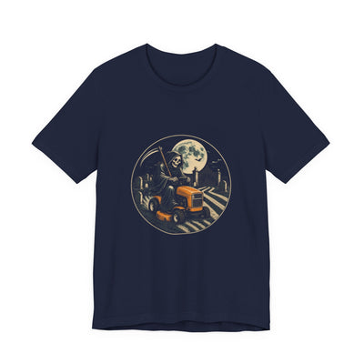 Grim Reaper Mower tee flat front, navy unisex tee, grim reaper riding an orange lawn mower in a moonlit cemetery