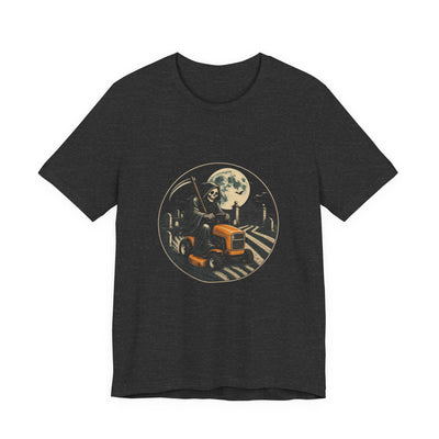 Grim Reaper Mower tee flat front, dark grey heather unisex tee, grim reaper riding an orange lawn mower in a moonlit cemetery