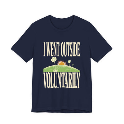I Went Outside Voluntarily tee flat front, navy unisex tee, sun over a green hill