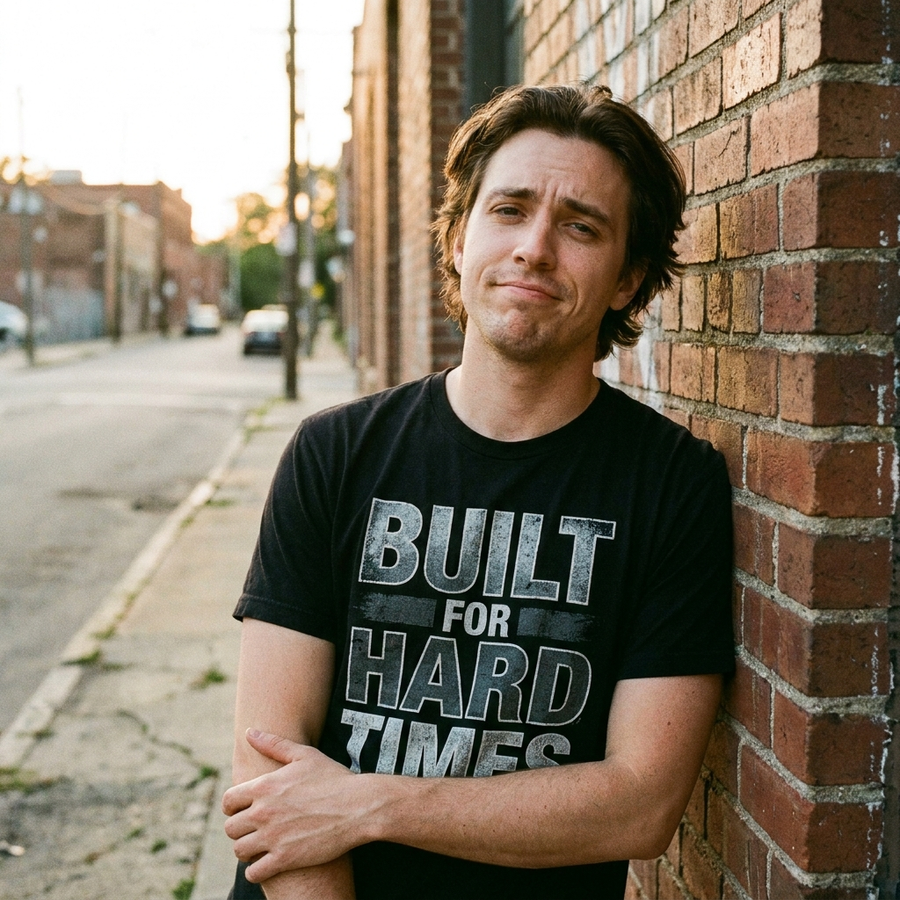 Built for Hard Times Recession Core Tee — lifestyle photo, urban street, candid photography