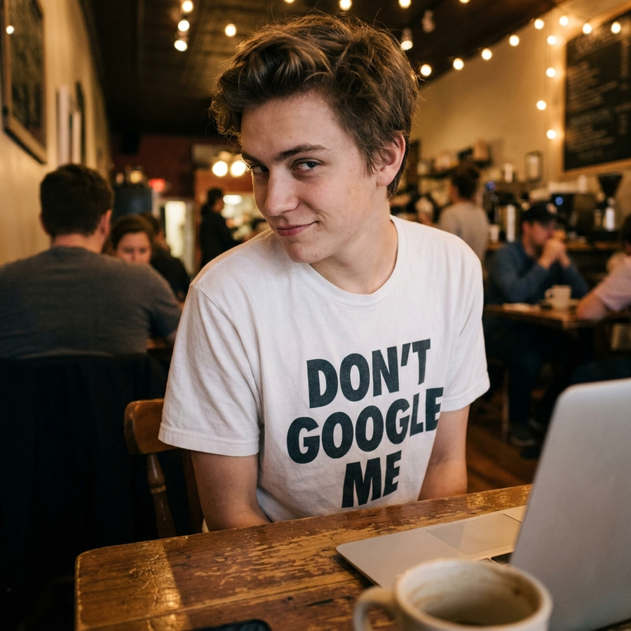 Don't Google Me funny internet privacy tee — lifestyle photo at coffee shop, candid