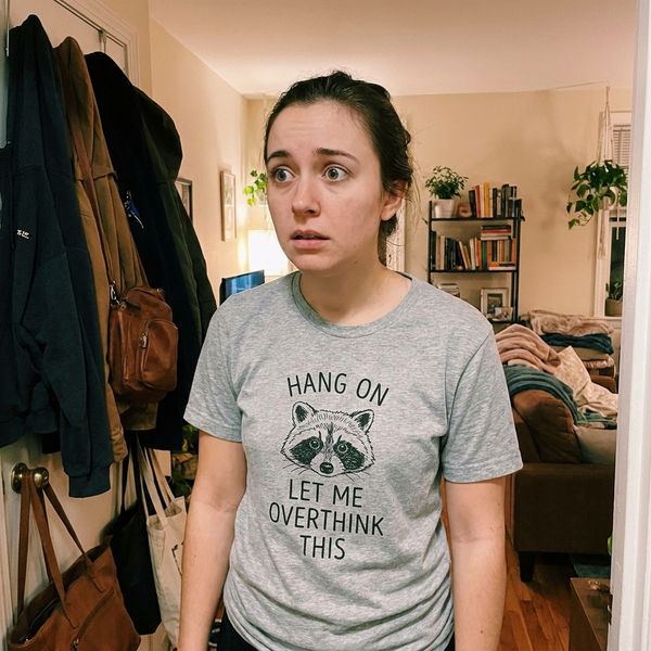 Hang On Let Me Overthink This raccoon meme tee — lifestyle photo, cozy indoor candid