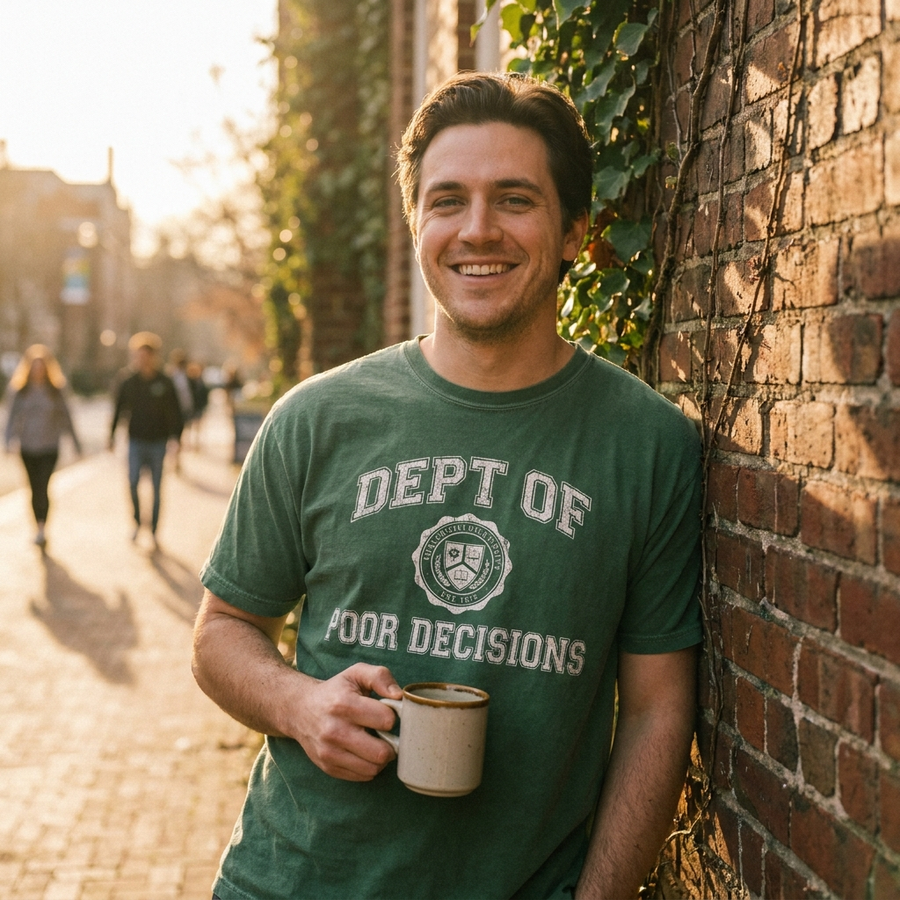 Dept. of Poor Decisions forest green university tee — lifestyle photo, campus golden hour