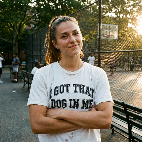 I Got That Dog In Me athletic confidence tee — lifestyle photo, outdoor court, golden hour