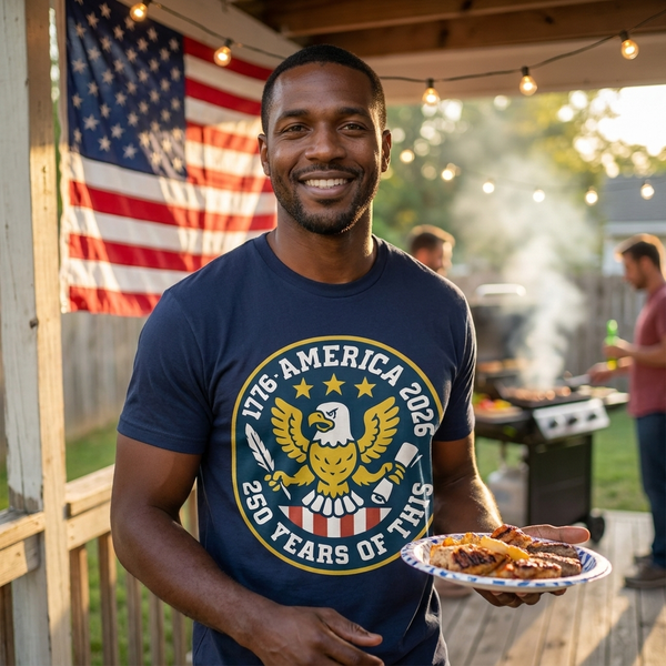 Man in navy America 250 vintage badge t-shirt at backyard 4th of July cookout, 1776-2026 graphic on chest