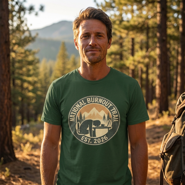National Burnout Trail gorpcore outdoor tee — forest green unisex vintage badge shirt for tired hikers