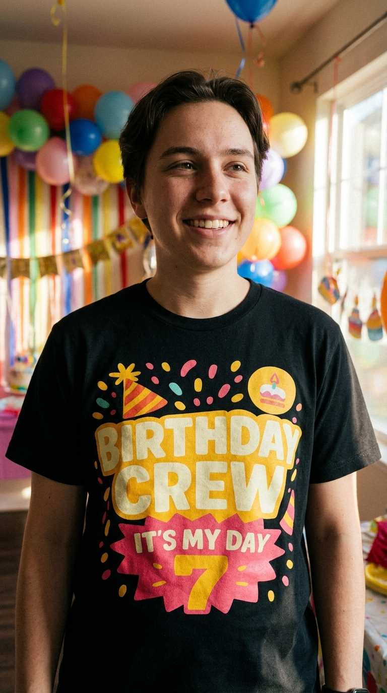 Birthday crew matching shirts lifestyle — bold graphic tees for the whole party, printed in the USA