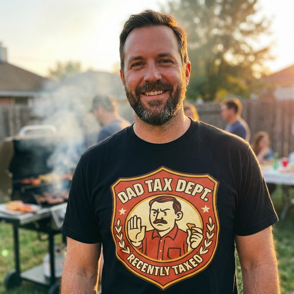 Dad wearing Dad Tax Dept badge tee at backyard cookout — Father's Day matching shirt