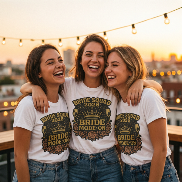 Bride squad wearing matching Bride Squad 2026 tees — bachelorette party matching shirt