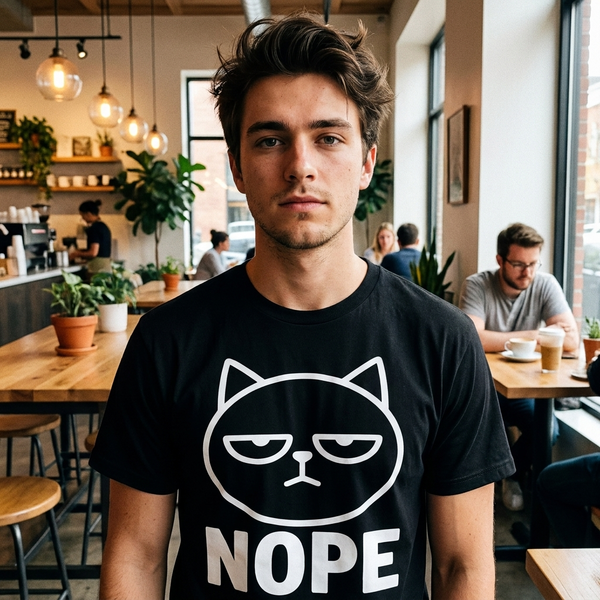 Lifestyle street shot of person wearing black Deadpan Cat NOPE minimalist graphic tee