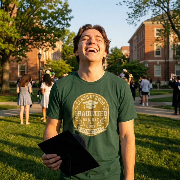 Person wearing Class of 2026 forest green graduation badge tee on campus, lifestyle shot