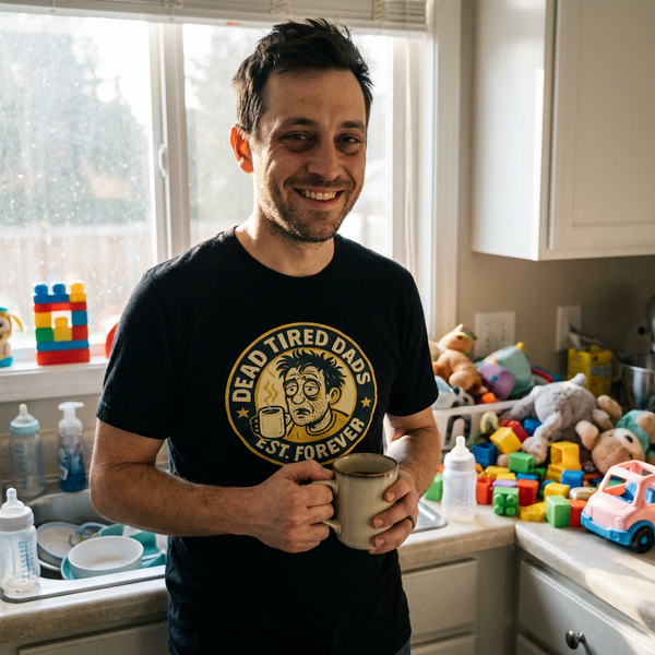 Exhausted dad in kitchen wearing Dead Tired Dads Club black badge tee, coffee in hand, lifestyle shot