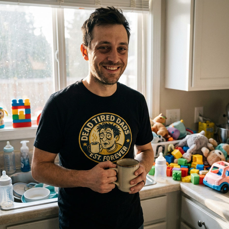 Exhausted dad in kitchen wearing Dead Tired Dads Club black badge tee, coffee in hand, lifestyle shot